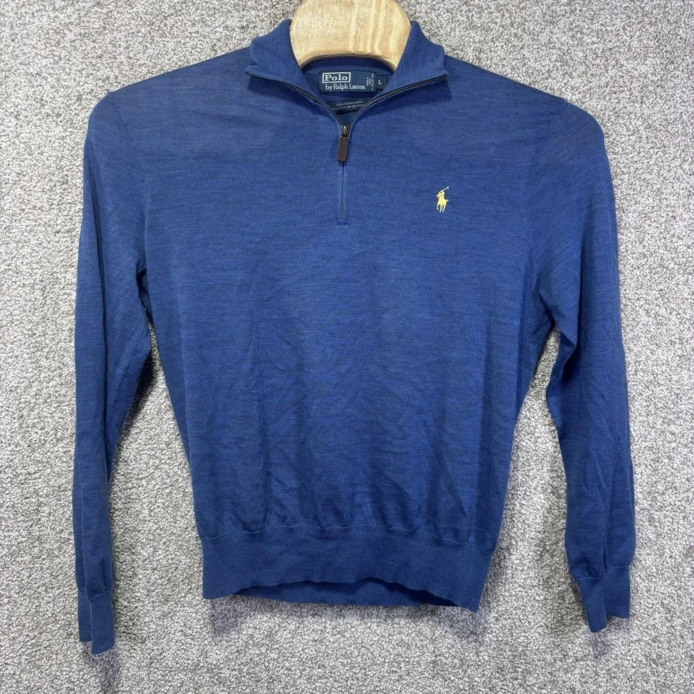 Polo By Ralph Lauren Sweater Mens Large Blue Merino Wool 1/4 Zip Mock Neck